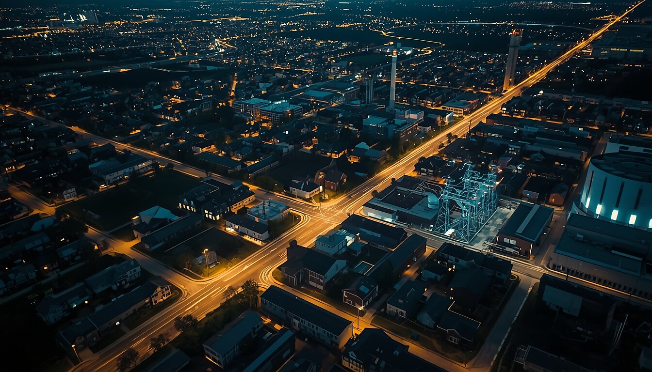 AI image of a city at night from above